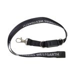 A black conference lanyard with a clip and a breakaway buckle, featuring a logo along its length.
