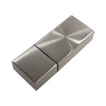 A metallic flash drive in a sleek, rectangular design with a brushed finish and a logo.