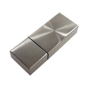 A metallic flash drive in a sleek, rectangular design with a brushed finish and a logo.