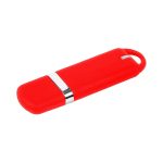 A red flash drive with a sleek design and a silver band, featuring a loop for easy attachment.