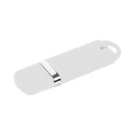 A white flash drive featuring a sleek design with a silver metallic band and a loop for easy attachment.