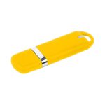 A yellow flash drive with a silver band, featuring a sleek design and a built-in attachment loop.
