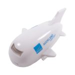 A white aeroplane-shaped flash drive with blue branding, designed for technology and promotional use.