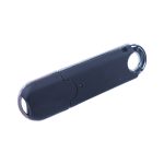 A black flash drive with a sleek design and a logo. It features two ends for easy handling.