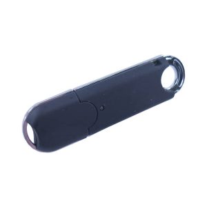 A black flash drive with a sleek design and a logo. It features two ends for easy handling.