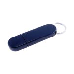 A navy flash drive with a keyring attachment, featuring a sleek, rounded design.