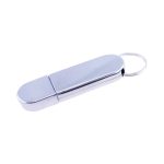 A silver flash drive with a sleek design and a keyring attachment. It has a smooth metallic finish.
