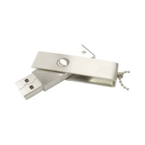 A silver brushed metal swivel USB drive with a keychain attachment. Features a sleek design and a logo.