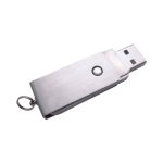 A metallic silver flash drive with a sliding mechanism and keyring attachment. It features a simple design.