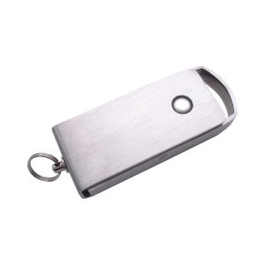 A metallic flash drive with a keyring attachment, featuring a sleek design and a small hole for connection.