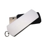 A pentagon-shaped flash drive in silver and black with a keyring attachment. It has a sleek design.