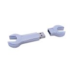 A silver wrench-shaped USB flash drive with a removable cap, showcasing a sleek, metallic design.