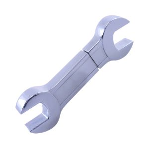 A shiny silver wrench USB flash drive with dual open ends shaped like a wrench, featuring a sleek design.