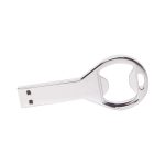 A drink bottle opener designed as a silver USB flash drive with a loop for attachment and a logo.
