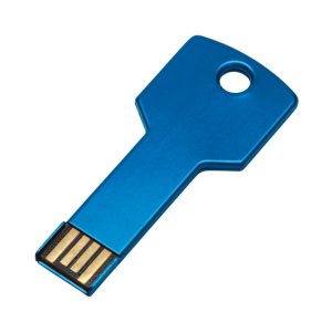 A blue USB key COB flash drive with a key-like shape and a hole for attachment.