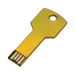 A yellow USB key COB flash drive shaped like a key, featuring a metallic finish and a hole for attachment.