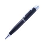 A black USB pen with silver accents and a clip, featuring a logo on the barrel.