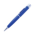 A blue USB pen with a sleek design and a silver clip, featuring branding. Ideal for storage and writing.