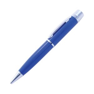 A blue USB pen with a sleek design and a silver clip, featuring branding. Ideal for storage and writing.
