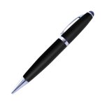 A black stylus USB pen with a shiny silver clip and tip, featuring a logo on the barrel.