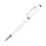 A white stylus USB pen with chrome accents, featuring a clip and a rounded tip. It has a logo on the barrel.