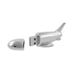 A silver metal plane flash drive with a removable cap, featuring sleek design elements.