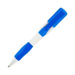 A blue and white pen with a clip and a logo on the barrel.
