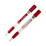 A red and white pen with a USB drive section, featuring a logo and a removable cap.