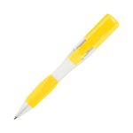 A USB pen in white and yellow, featuring a clip and a smooth finish. Includes a logo on the body.