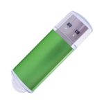 A green flash drive with a clear cap and metal connector, featuring a branding logo.