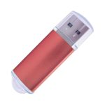 A red flash drive with a transparent cap, featuring a metallic finish and a USB connector.