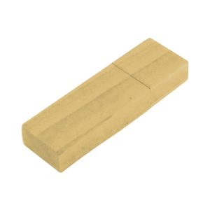 A slim bamboo flash drive in a natural beige colour with a simple rectangular design and a logo.