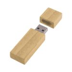 A slim bamboo flash drive in a natural wood finish, featuring a removable cap. It has a silver USB connector.