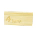 A bamboo USB drive in a natural yellow colour with a logo on the surface, featuring a sleek and rectangular design.