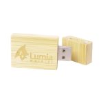 A bamboo USB drive featuring a silver connector and a logo, showcasing natural hues of light and dark bamboo.