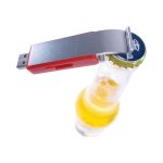 A drink bottle with a silver bottle opener attached, featuring a red casing and a flash drive.