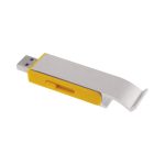 A drink bottle opener and flash drive in yellow and silver with a compact, slide mechanism. It features a logo.