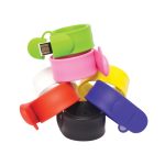 A set of colourful USB flash drives in the shape of wearable slap bands, featuring green, pink, yellow, red, black, and white.