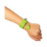 A green USB flash drive designed as a slap bracelet, worn on a wrist with a removable cap.