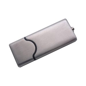 A metallic silver flash drive with a sleek design and a black rubber grip, featuring a branding logo.