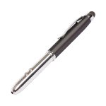 A black and silver stylus 4-in-1 pen with a smooth finish and a clip for easy attachment.