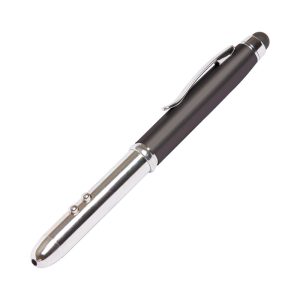 A black and silver stylus 4-in-1 pen with a smooth finish and a clip for easy attachment.