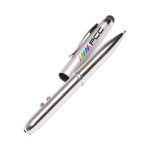 A silver 4-in-1 stylus pen with a logo, featuring a stylus tip and ballpoint tip.