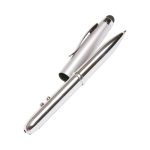A silver stylus 4-in-1 pen featuring a smooth finish and a clip for attachment, with a stylus tip at one end.