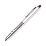 A silver stylus 4n1 pen featuring a sleek design and a clip for easy attachment. Includes a logo on the body.