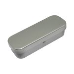 A silver tin box with a rectangular shape and rounded edges, featuring a hinged lid.