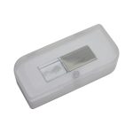 A clear plastic case containing a silver 3D crystal flash drive. The drive is rectangular and sleek in design.