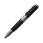 A metal pen in black with silver accents, featuring a sleek design and a clip for easy attachment.