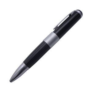 A metal pen in black with silver accents, featuring a sleek design and a clip for easy attachment.