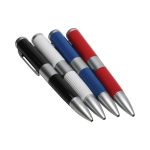 A collection of four metal pens in black, white, blue, and red, featuring silver accents and a logo.